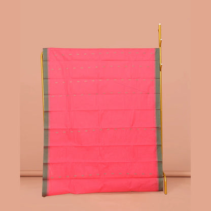 Pothys Pink Kanchi Cotton Saree, Delicately Decked Up with Buttas on Its Body, Complemented by Contrast Border, Sparsely Woven Pallu, and Paired with a Matching Blouse