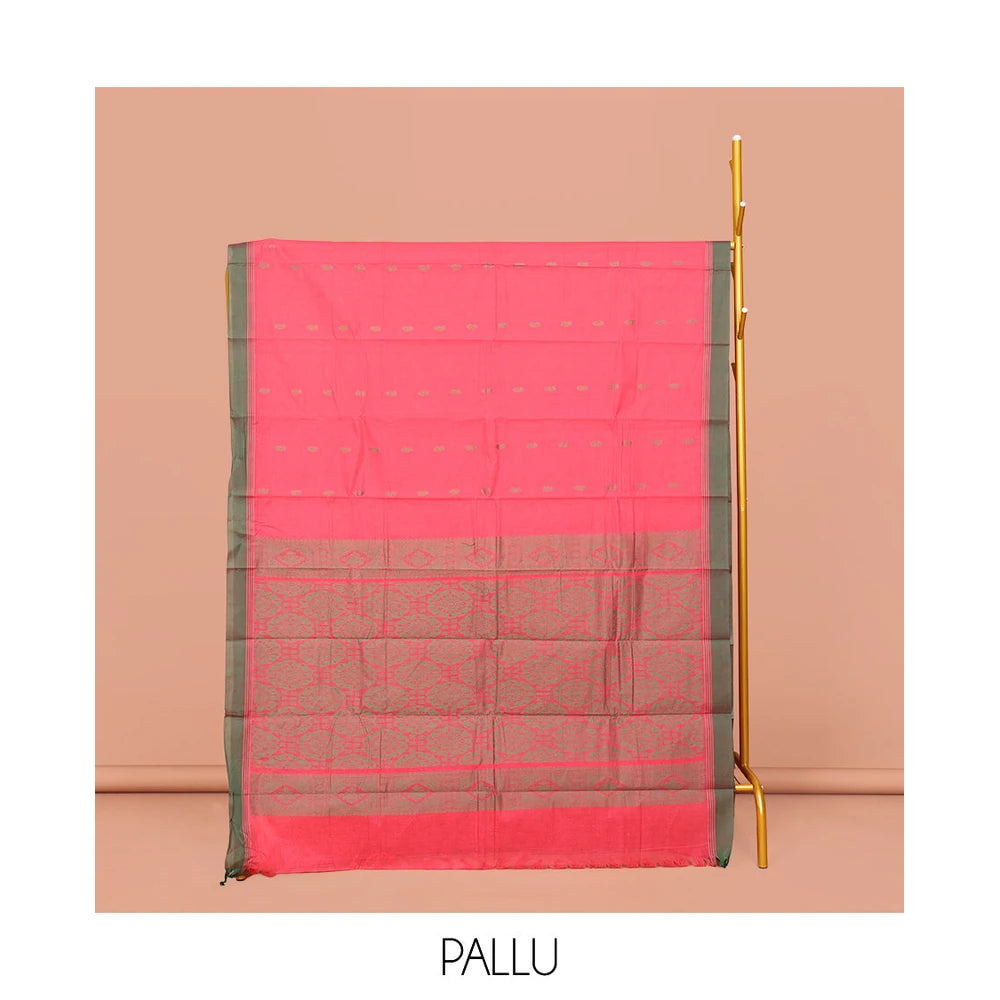 Pothys Pink Kanchi Cotton Saree, Delicately Decked Up with Buttas on Its Body, Complemented by Contrast Border, Sparsely Woven Pallu, and Paired with a Matching Blouse