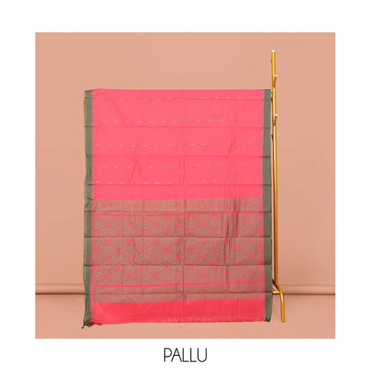 Pothys Pink Kanchi Cotton Saree, Delicately Decked Up with Buttas on Its Body, Complemented by Contrast Border, Sparsely Woven Pallu, and Paired with a Matching Blouse
