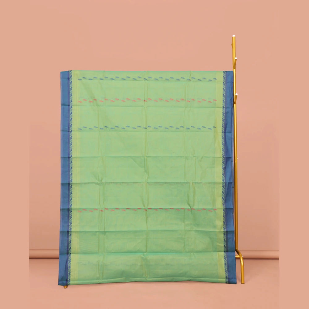 Pothys Blue Kanchi Cotton Saree, Elevated with Buttas on Its Body, Complemented by Contrast Border, a Pallu of Geometric-Paisley Designs, and Paired with a Matching Blouse