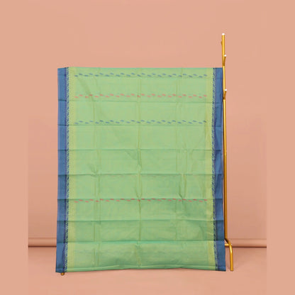 Pothys Blue Kanchi Cotton Saree, Elevated with Buttas on Its Body, Complemented by Contrast Border, a Pallu of Geometric-Paisley Designs, and Paired with a Matching Blouse