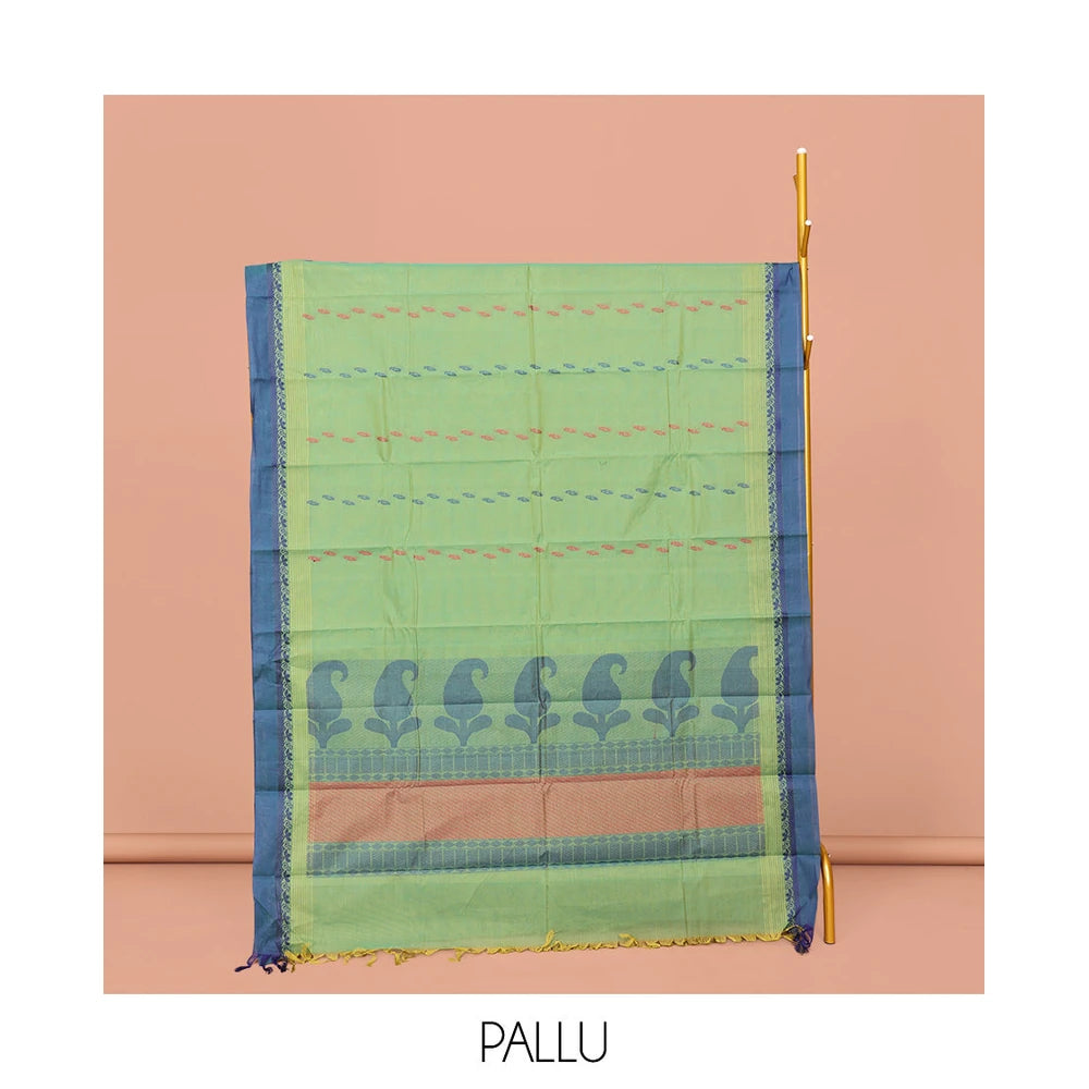 Pothys Blue Kanchi Cotton Saree, Elevated with Buttas on Its Body, Complemented by Contrast Border, a Pallu of Geometric-Paisley Designs, and Paired with a Matching Blouse