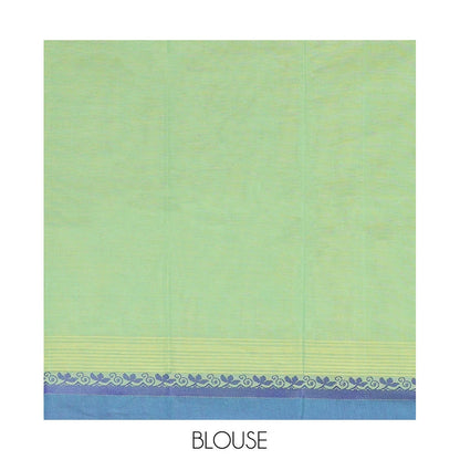 Pothys Blue Kanchi Cotton Saree, Elevated with Buttas on Its Body, Complemented by Contrast Border, a Pallu of Geometric-Paisley Designs, and Paired with a Matching Blouse