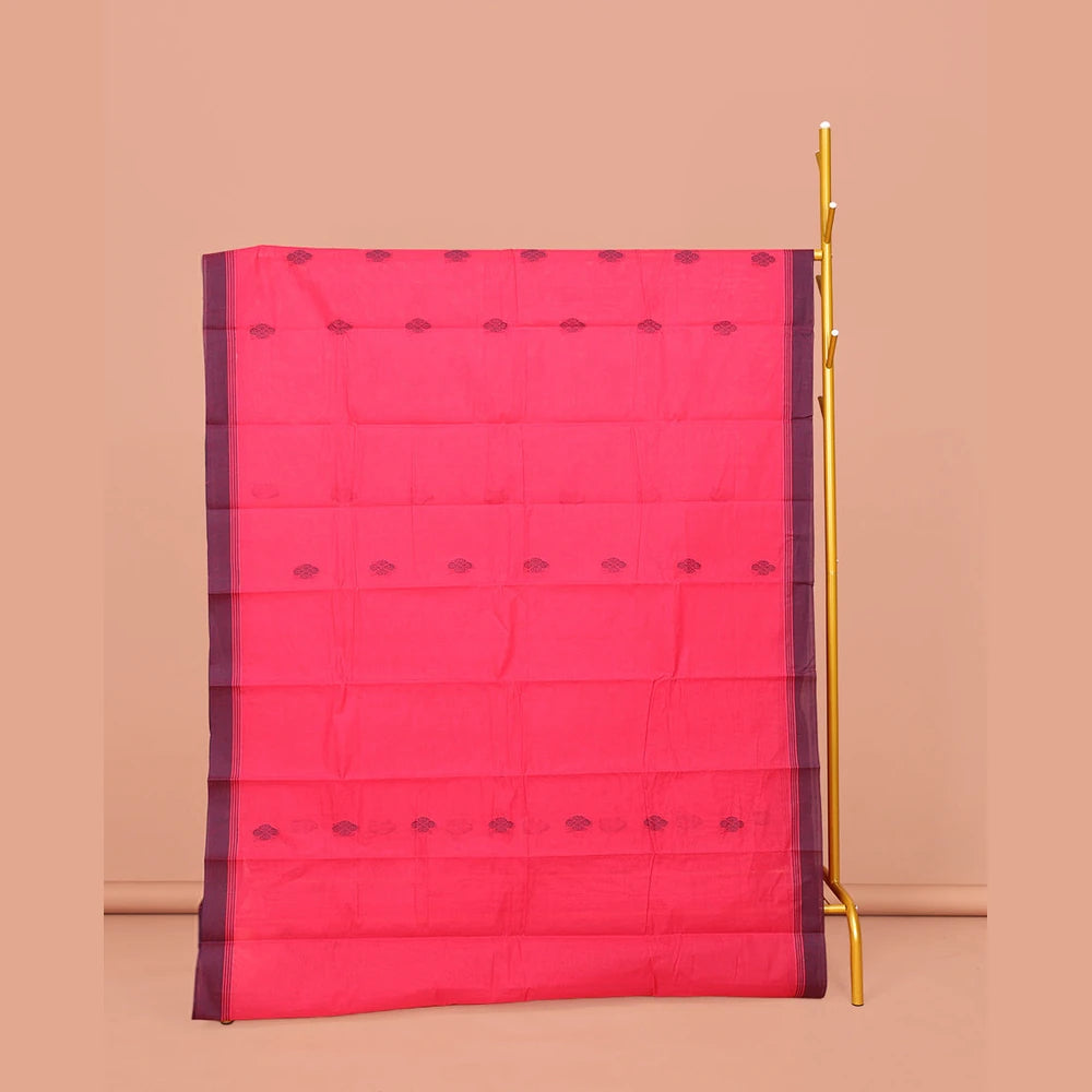 Pothys Pink Kanchi Cotton Saree, Sparsely Designed with Buttas on Its Body, Complemented by Contrast Border, a Pallu of Intricate Designs, and Paired with a Matching Blouse