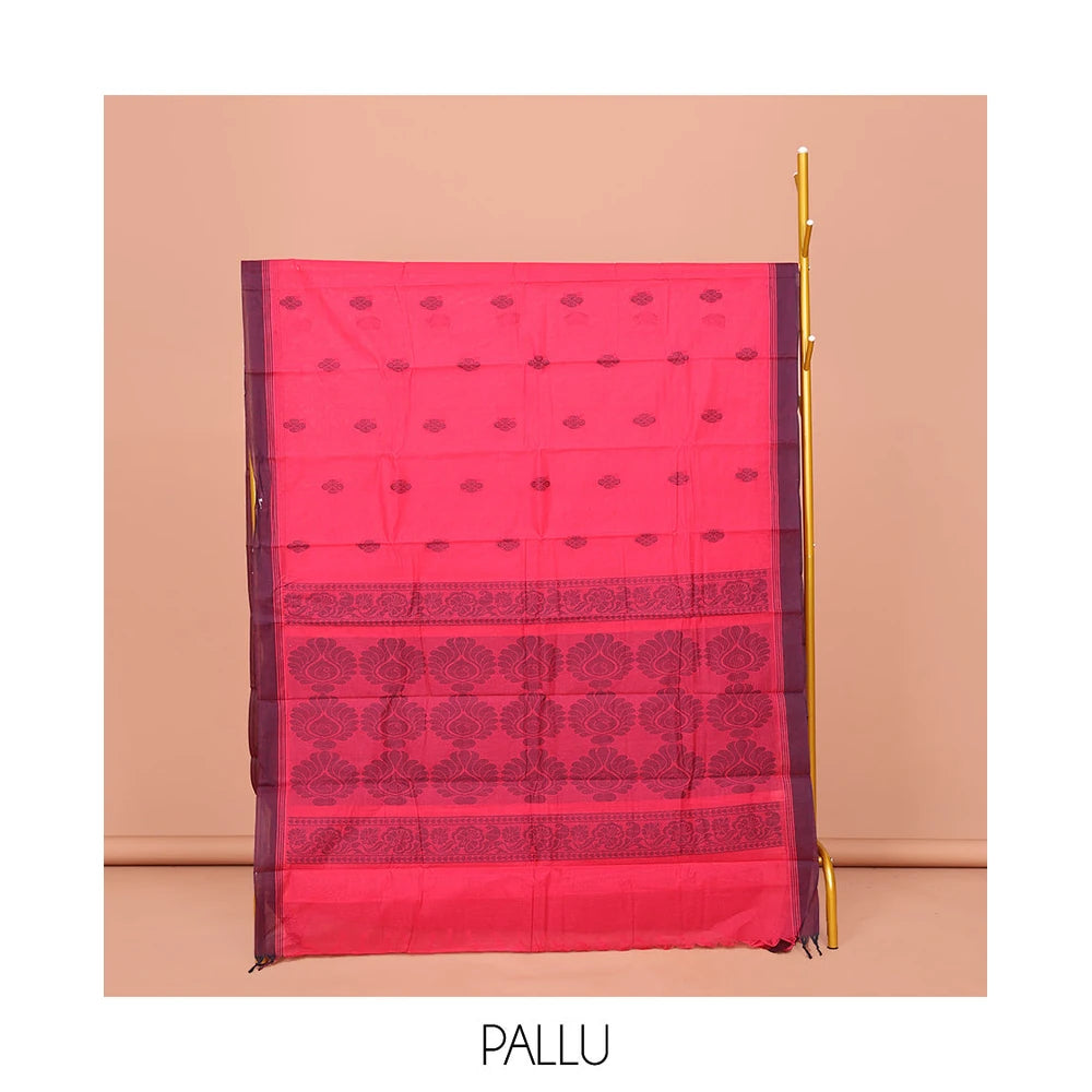 Pothys Pink Kanchi Cotton Saree, Sparsely Designed with Buttas on Its Body, Complemented by Contrast Border, a Pallu of Intricate Designs, and Paired with a Matching Blouse