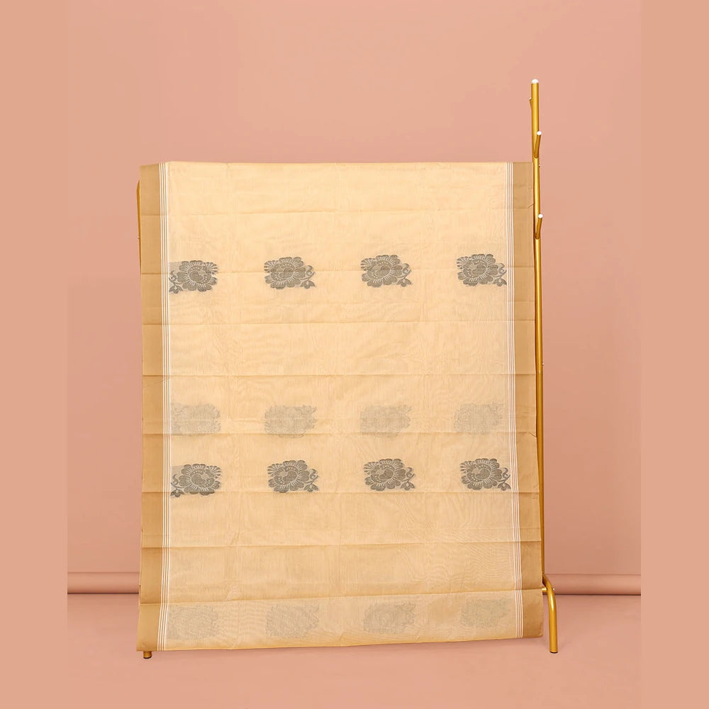 Pothys Yellow Kanchi Cotton Saree, Detailed with Buttas on Its Body, Complemented by a Contrast Border, a Pallu of Buttas and Stripes, and Paired with a Matching Blouse