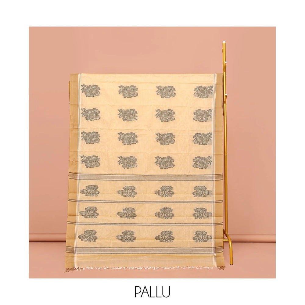 Pothys Yellow Kanchi Cotton Saree, Detailed with Buttas on Its Body, Complemented by a Contrast Border, a Pallu of Buttas and Stripes, and Paired with a Matching Blouse
