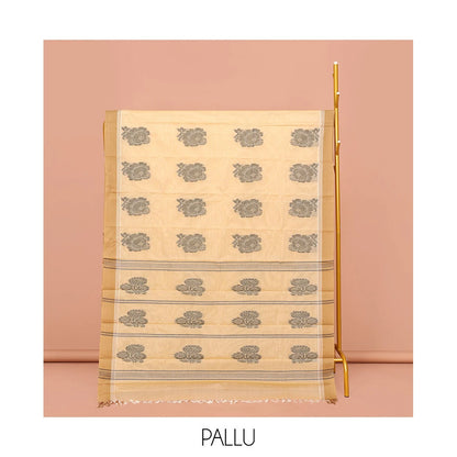 Pothys Yellow Kanchi Cotton Saree, Detailed with Buttas on Its Body, Complemented by a Contrast Border, a Pallu of Buttas and Stripes, and Paired with a Matching Blouse