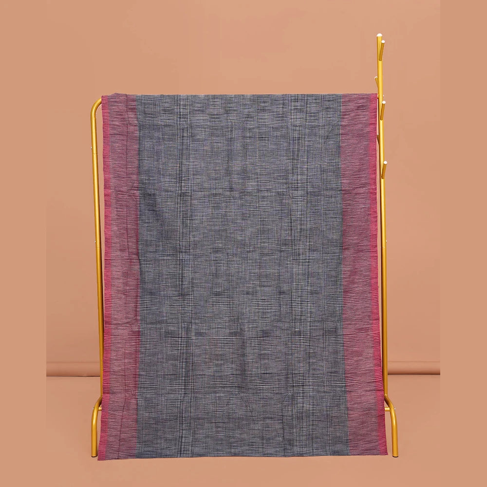 Pothys Grey Heathered Textured Mangalgiri Cotton Saree, Complemented by Contrast Heathered Textured Border, Striped Pallu and Paired with a Contrast Blouse