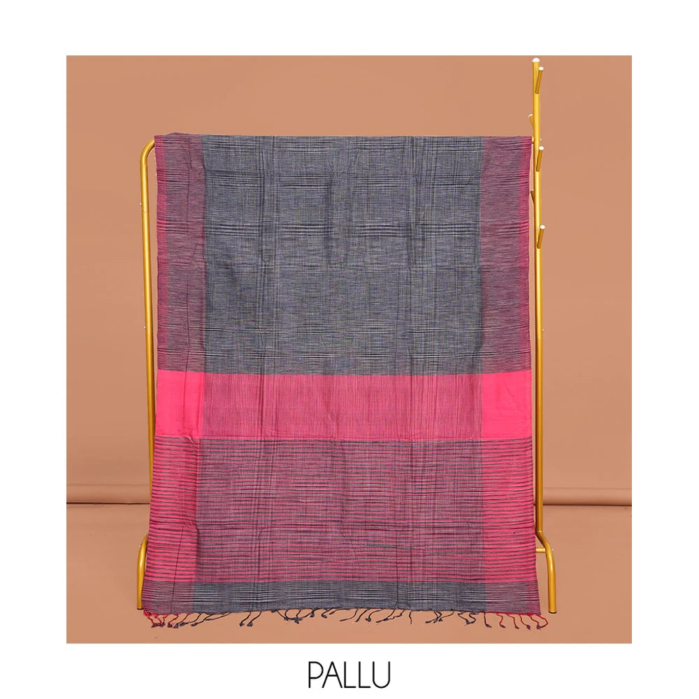 Pothys Grey Heathered Textured Mangalgiri Cotton Saree, Complemented by Contrast Heathered Textured Border, Striped Pallu and Paired with a Contrast Blouse
