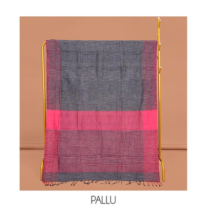Pothys Grey Heathered Textured Mangalgiri Cotton Saree, Complemented by Contrast Heathered Textured Border, Striped Pallu and Paired with a Contrast Blouse