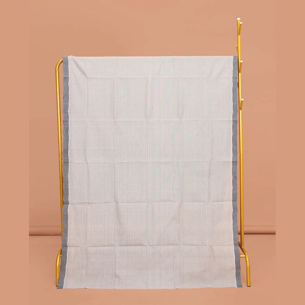 Pothys Grey Heathered Textured Mangalgiri Cotton Saree, Complemented by Contrast Border, Striped Pallu, and Paired with a Contrast Blouse