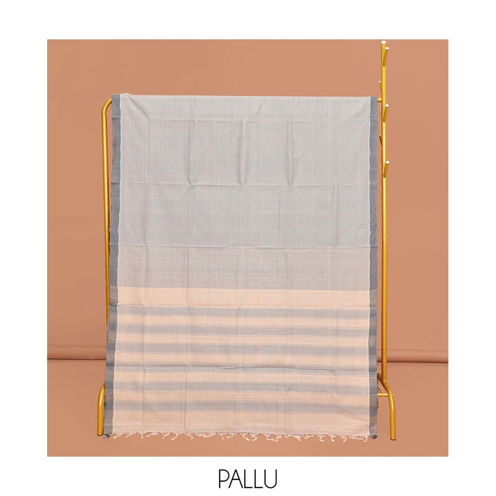 Pothys Grey Heathered Textured Mangalgiri Cotton Saree, Complemented by Contrast Border, Striped Pallu, and Paired with a Contrast Blouse