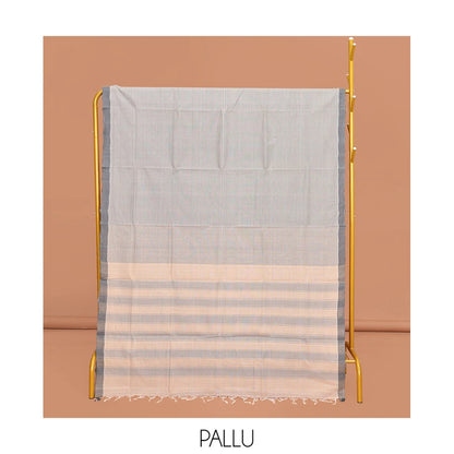Pothys Grey Heathered Textured Mangalgiri Cotton Saree, Complemented by Contrast Border, Striped Pallu, and Paired with a Contrast Blouse
