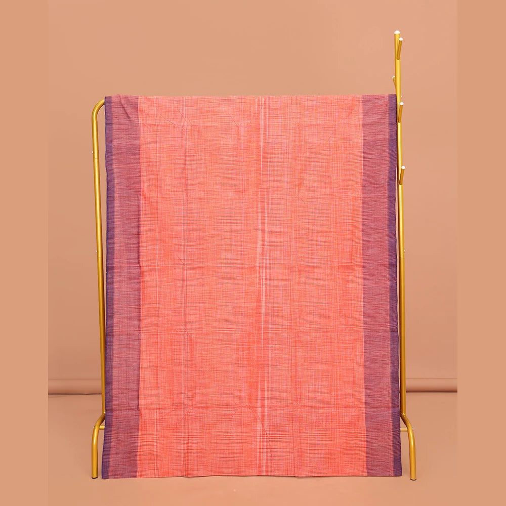 Pothys Orange Heathered Textured Mangalgiri Cotton Saree, Complemented by Contrast Border, Striped Pallu, and Paired with a Contrast Blouse