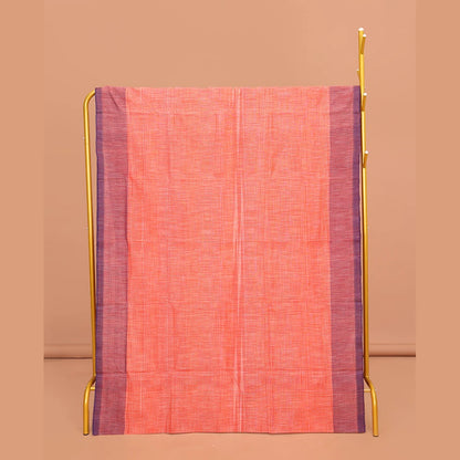Pothys Orange Heathered Textured Mangalgiri Cotton Saree, Complemented by Contrast Border, Striped Pallu, and Paired with a Contrast Blouse