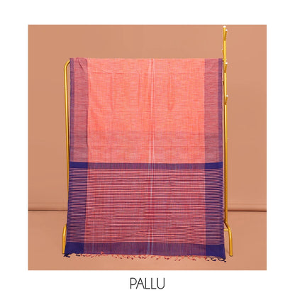 Pothys Orange Heathered Textured Mangalgiri Cotton Saree, Complemented by Contrast Border, Striped Pallu, and Paired with a Contrast Blouse