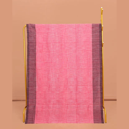 Pothys Pink Heathered Textured Mangalgiri Cotton Saree, Complemented by Contrast Border, Striped Pallu, and Paired with a Contrast Blouse