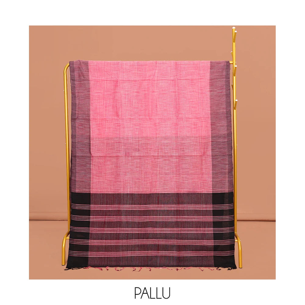 Pothys Pink Heathered Textured Mangalgiri Cotton Saree, Complemented by Contrast Border, Striped Pallu, and Paired with a Contrast Blouse