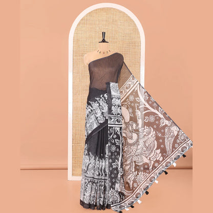 Pothys Black Linen Cotton Saree, Artfully Detailed with Kalamkari Human Figurines Printed On Its Body, Highlighted by Self-Pallu Pictures Human Figurines, and Paired with a Printed Blouse