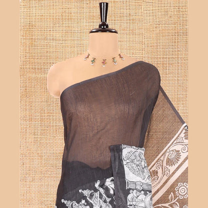 Pothys Black Linen Cotton Saree, Artfully Detailed with Kalamkari Human Figurines Printed On Its Body, Highlighted by Self-Pallu Pictures Human Figurines, and Paired with a Printed Blouse