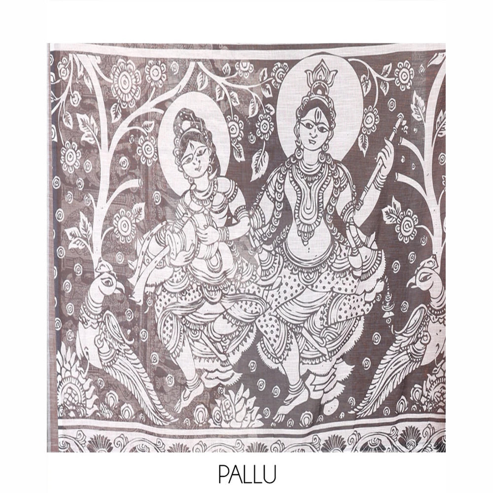Pothys Black Linen Cotton Saree, Artfully Detailed with Kalamkari Human Figurines Printed On Its Body, Highlighted by Self-Pallu Pictures Human Figurines, and Paired with a Printed Blouse