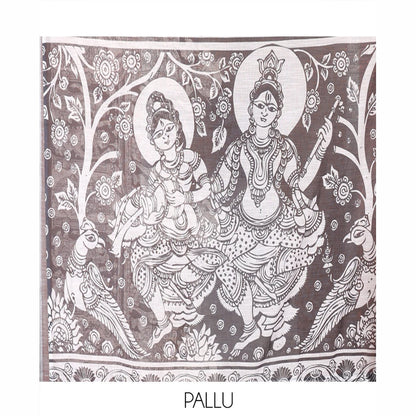 Pothys Black Linen Cotton Saree, Artfully Detailed with Kalamkari Human Figurines Printed On Its Body, Highlighted by Self-Pallu Pictures Human Figurines, and Paired with a Printed Blouse