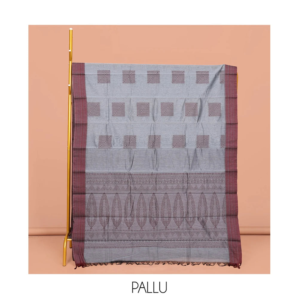 Pothys Grey Semi-Silk Cotton Saree, Delicately Designed with Square Buttas All Over Its Body, Crafted with Traditional Design Self-Border, Intricately Designed Pallu, and Paired with a Matching Blouse