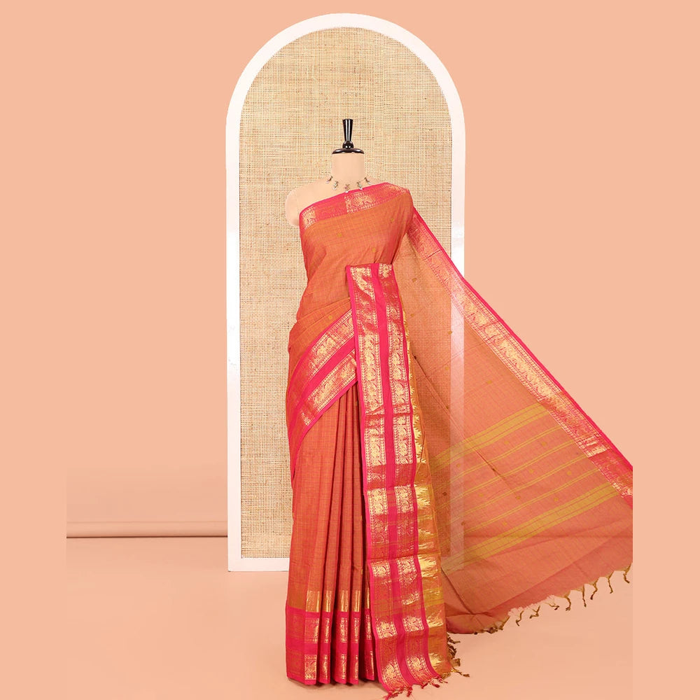 Pothys Orange Chettinad Cotton Saree, Subtly Enriched with Thread Buttas and Checks on Its Body, Complemented by a Contrast Temple Traditional Zari Design Rettai Pettu Border, Subtly Striped Pallu, and Paired with a Matching Blouse