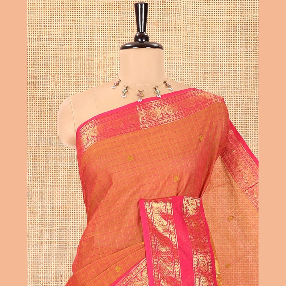 Pothys Orange Chettinad Cotton Saree with Rettai Pettu Zari Border