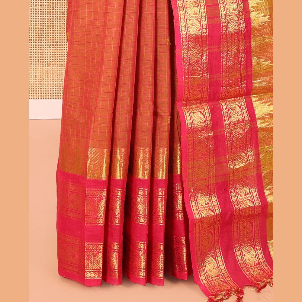 Pothys Orange Chettinad Cotton Saree with Rettai Pettu Zari Border