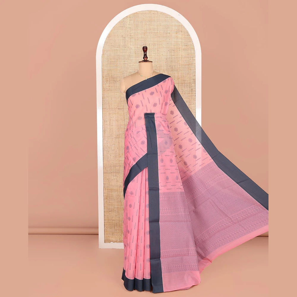 Pothys Pink Semi-Silk Cotton Saree, Subtly Sparkled with Buttas All Over Its Body, Complemented by Contrast Border, Pallu of Geometric Patterns, and Paired with a Matching Blouse