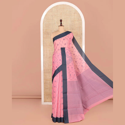 Pothys Pink Semi-Silk Cotton Saree, Subtly Sparkled with Buttas All Over Its Body, Complemented by Contrast Border, Pallu of Geometric Patterns, and Paired with a Matching Blouse