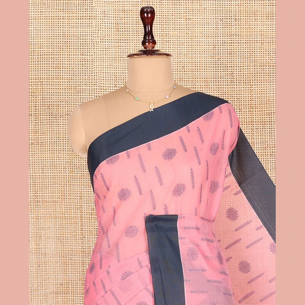 Pothys Pink Semi-Silk Cotton Saree, Subtly Sparkled with Buttas All Over Its Body, Complemented by Contrast Border, Pallu of Geometric Patterns, and Paired with a Matching Blouse