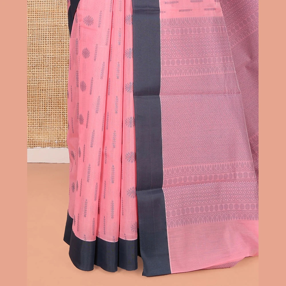 Pothys Pink Semi-Silk Cotton Saree, Subtly Sparkled with Buttas All Over Its Body, Complemented by Contrast Border, Pallu of Geometric Patterns, and Paired with a Matching Blouse