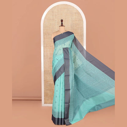 Pothys Blue Semi-Silk Cotton Saree, Adorned with Stripes and Buttas All Over Its Body, Complemented by Contrast Border, Pallu of Intricate Designs, and Paired with a Matching Blouse
