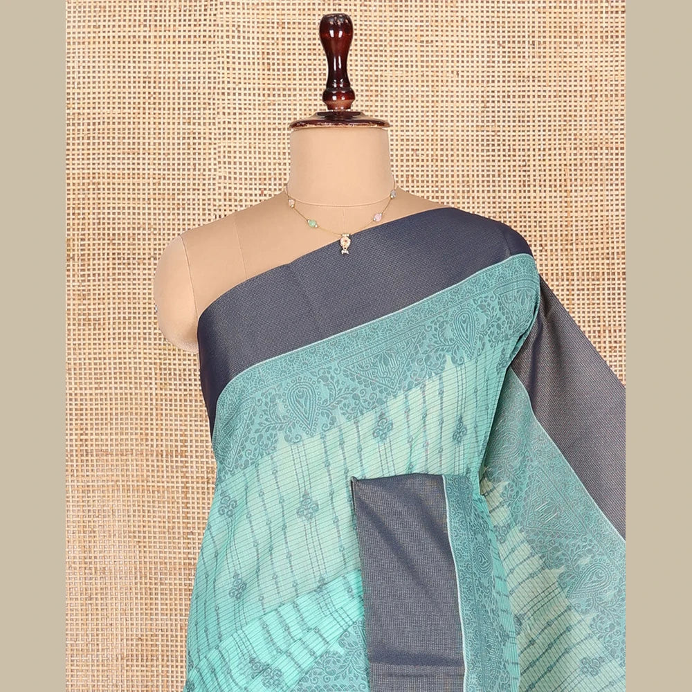 Pothys Blue Semi-Silk Cotton Saree, Adorned with Stripes and Buttas All Over Its Body, Complemented by Contrast Border, Pallu of Intricate Designs, and Paired with a Matching Blouse