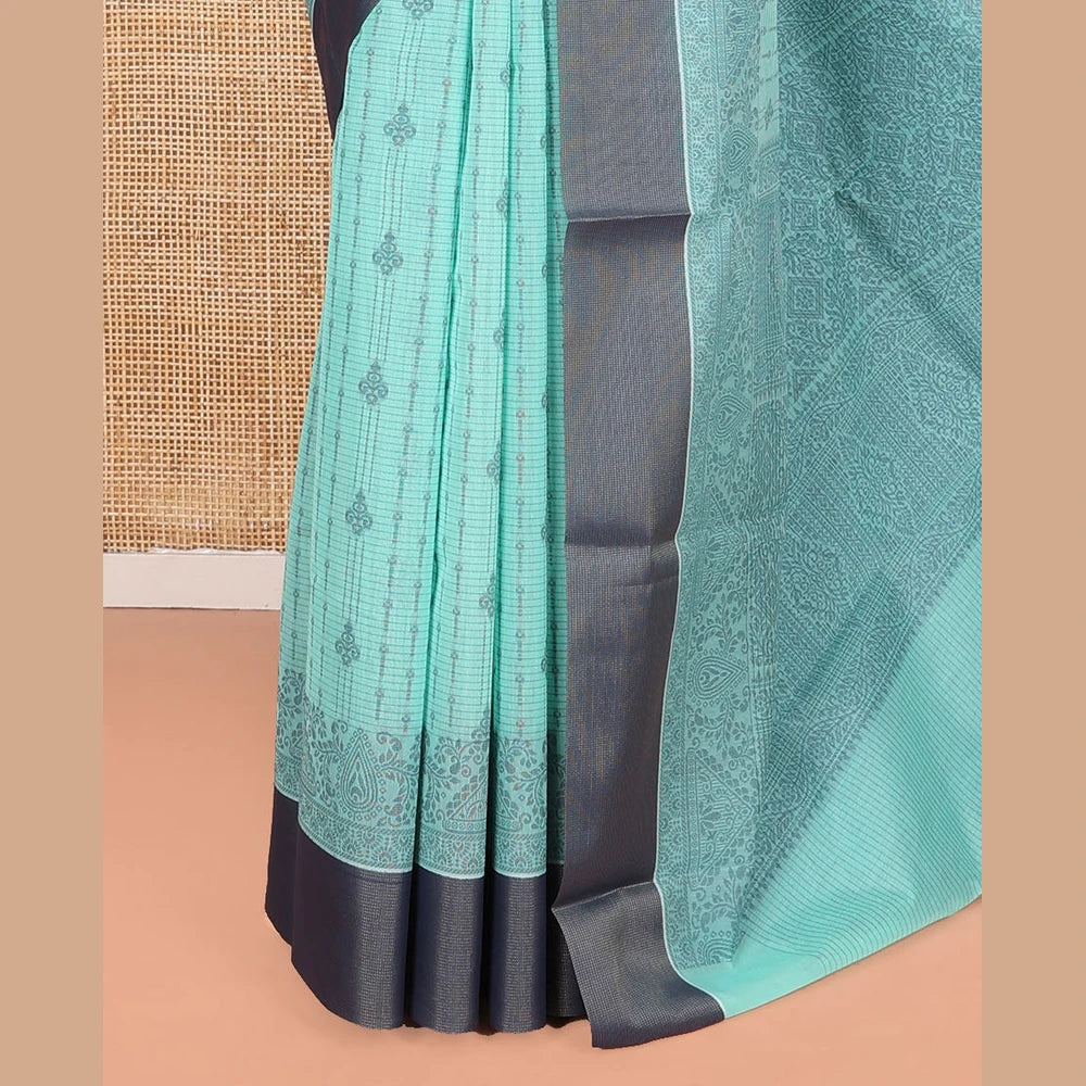 Pothys Blue Semi-Silk Cotton Saree, Adorned with Stripes and Buttas All Over Its Body, Complemented by Contrast Border, Pallu of Intricate Designs, and Paired with a Matching Blouse