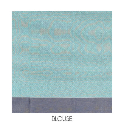 Pothys Blue Semi-Silk Cotton Saree, Adorned with Stripes and Buttas All Over Its Body, Complemented by Contrast Border, Pallu of Intricate Designs, and Paired with a Matching Blouse