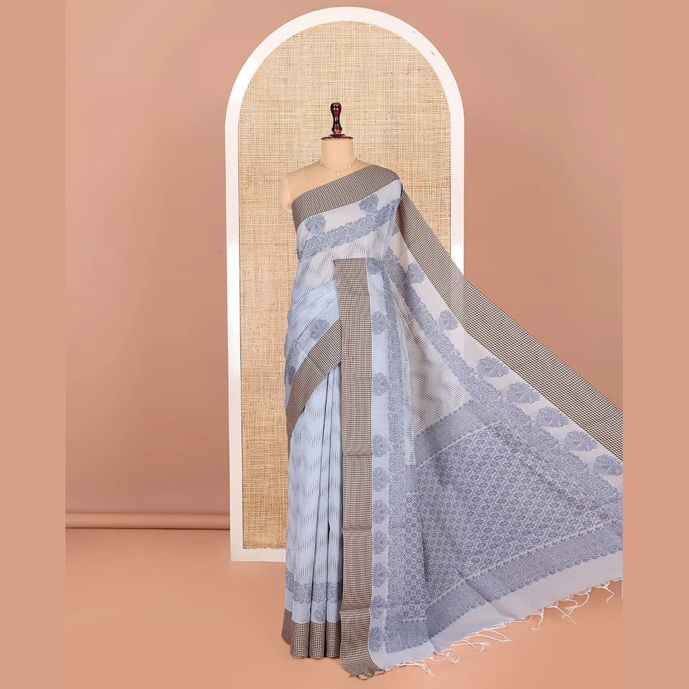 Pothys Grey Semi-Silk Cotton Saree, Ornamented with Chevron Stripes All Over Its Body, Complemented by Contrast Micro-Checked Border, Pallu of Jaal Designs, and paired with a Matching Blouse