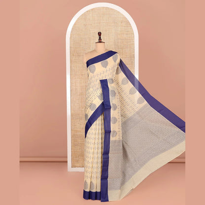Pothys Cream Semi-Silk Cotton Saree, Bedecked with Unique Designs All Over Its Body, Complemented by a Contrast Border, Pallu of Intricate Designs, and Paired with a Matching Blouse