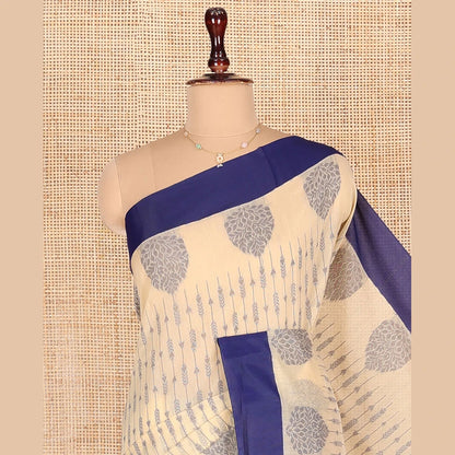 Pothys Cream Semi-Silk Cotton Saree, Bedecked with Unique Designs All Over Its Body, Complemented by a Contrast Border, Pallu of Intricate Designs, and Paired with a Matching Blouse