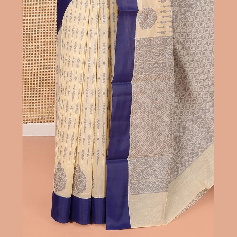 Pothys Cream Semi-Silk Cotton Saree, Bedecked with Unique Designs All Over Its Body, Complemented by a Contrast Border, Pallu of Intricate Designs, and Paired with a Matching Blouse