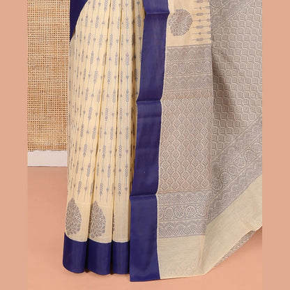 Pothys Cream Semi-Silk Cotton Saree, Bedecked with Unique Designs All Over Its Body, Complemented by a Contrast Border, Pallu of Intricate Designs, and Paired with a Matching Blouse
