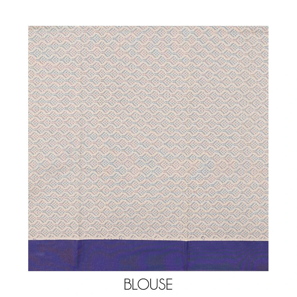 Pothys Cream Semi-Silk Cotton Saree, Bedecked with Unique Designs All Over Its Body, Complemented by a Contrast Border, Pallu of Intricate Designs, and Paired with a Matching Blouse