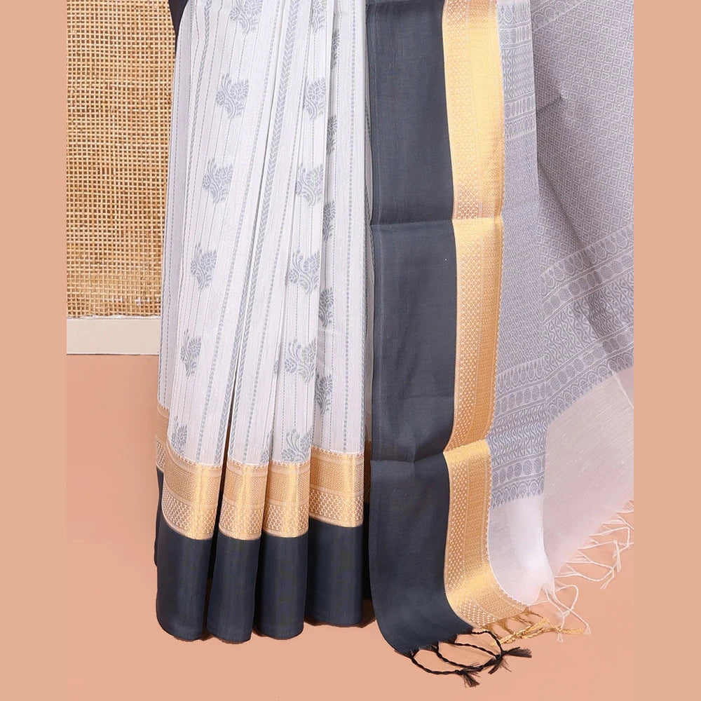 Pothys Grey Semi-Silk Cotton Saree with Buttas & Jaal Pallu
