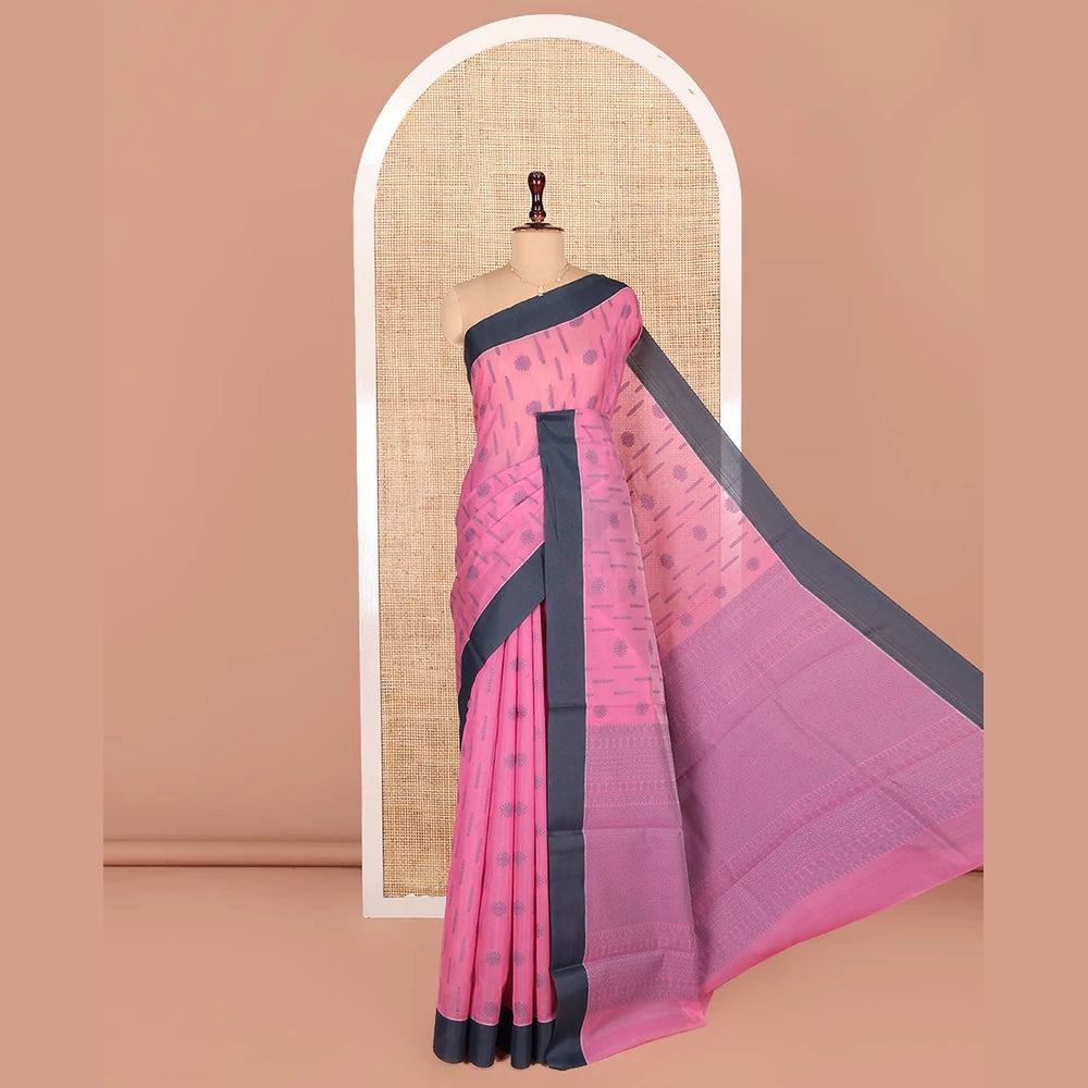 Pothys Pink Semi-Silk Cotton Saree, Subtly Sparkled with Buttas All Over Its Body, Complemented by Contrast Border, Geometric Patterned Pallu, and Paired with a Matching Blouse