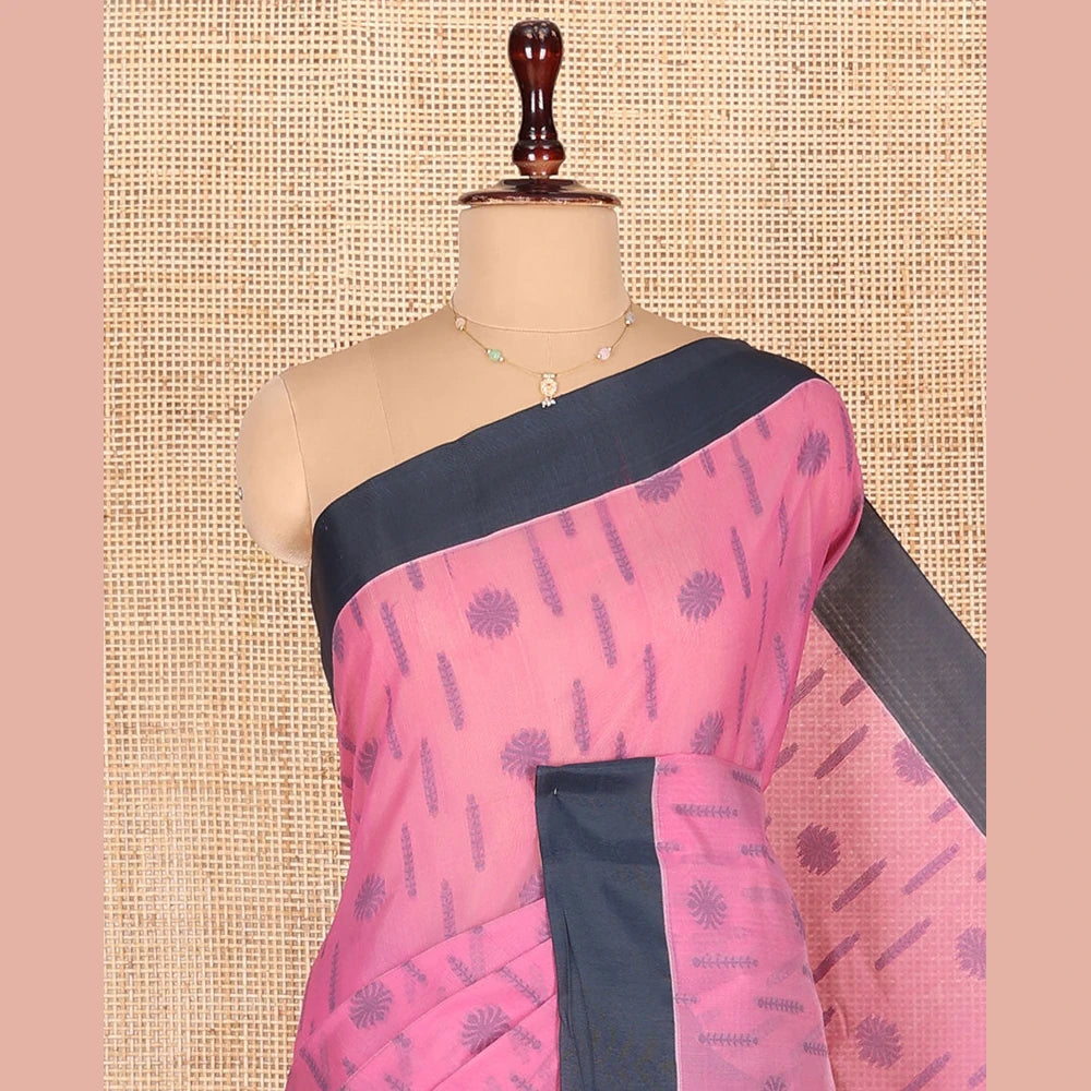 Pothys Pink Semi-Silk Cotton Saree, Subtly Sparkled with Buttas All Over Its Body, Complemented by Contrast Border, Geometric Patterned Pallu, and Paired with a Matching Blouse