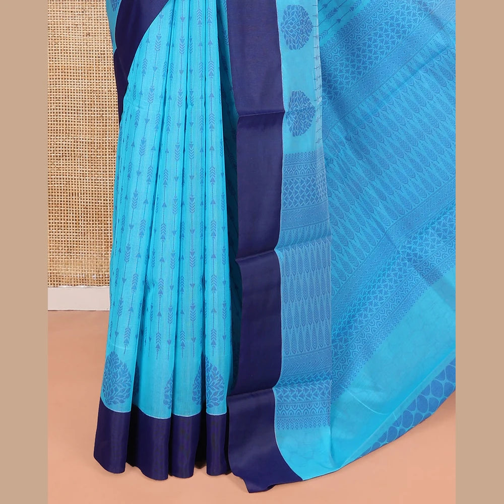 Pothys Blue Semi-Silk Cotton Saree, Subtly Sparkled with Stripes All Over Its Body, Complemented by Contrast Border, Pallu Steeped with Pine Tree Motifs, and Paired with a Matching Blouse