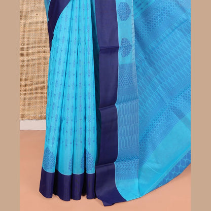 Pothys Blue Semi-Silk Cotton Saree, Subtly Sparkled with Stripes All Over Its Body, Complemented by Contrast Border, Pallu Steeped with Pine Tree Motifs, and Paired with a Matching Blouse